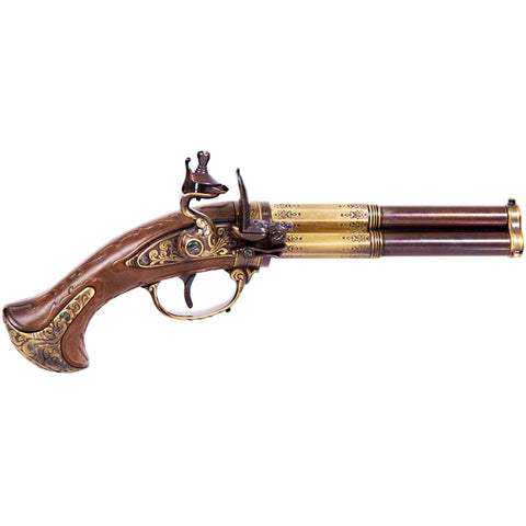 Gold and Brown Revolving 3 Barrel Flintlock Pistol – French