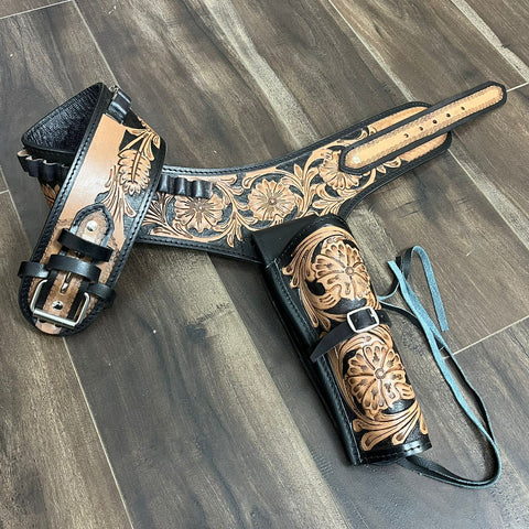 Western Genuine Leather Holster and Belt for Colt .45 – Classic Cowboy Gun Belt Rig Two-Tone Black Finish