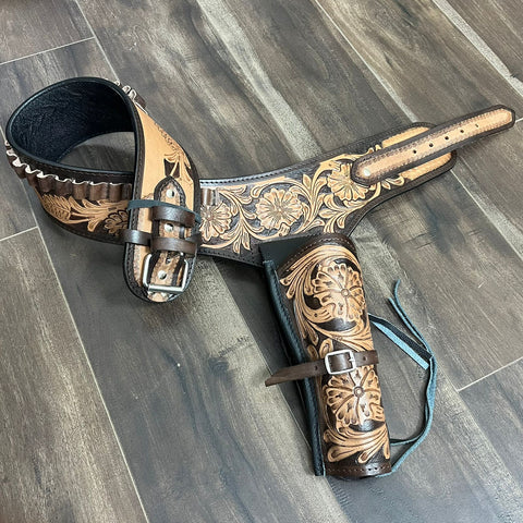 Western Genuine Leather Holster and Belt for Colt .45 – Classic Cowboy Gun Belt Rig Two-Tone Brown Finish