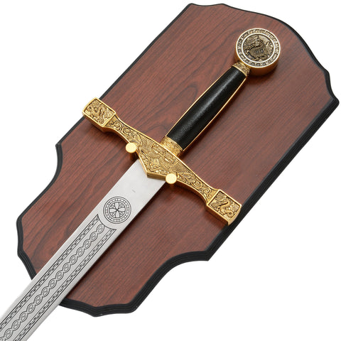 Gold Excalibur Sword on wooden Plaque